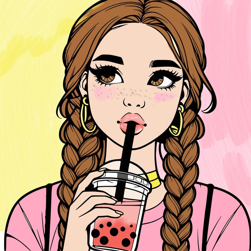 realistic girl with braided hair drinking boba
