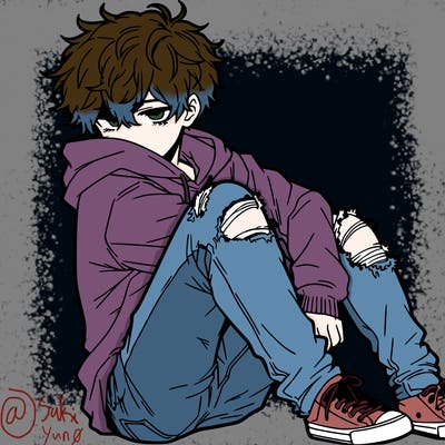 a male hoddie ripped jeans messy hair anime