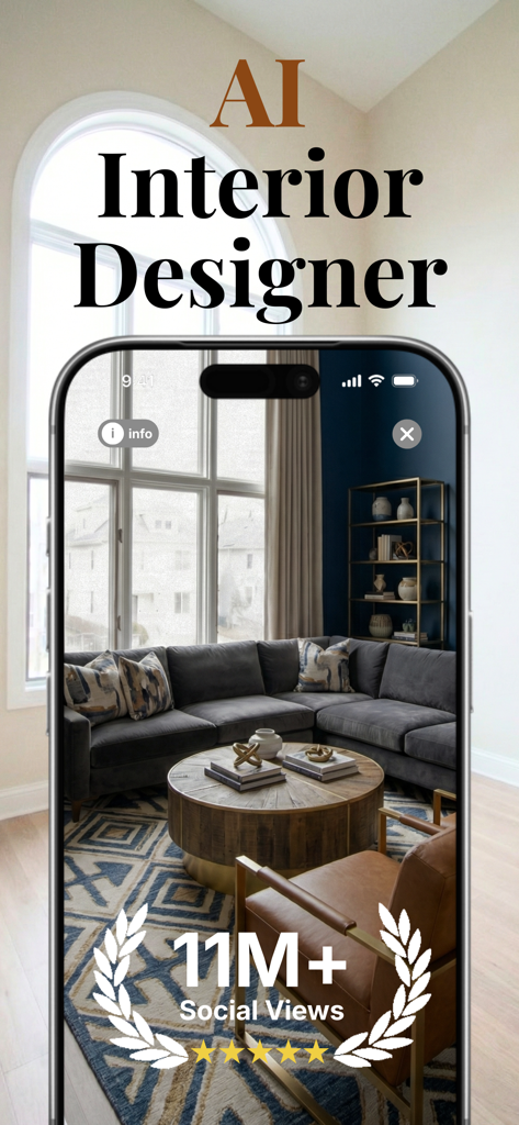 House AI - Interior Design Pro - iPhone screen displaying a photorealistic modern living room design by House AI Interior Designer