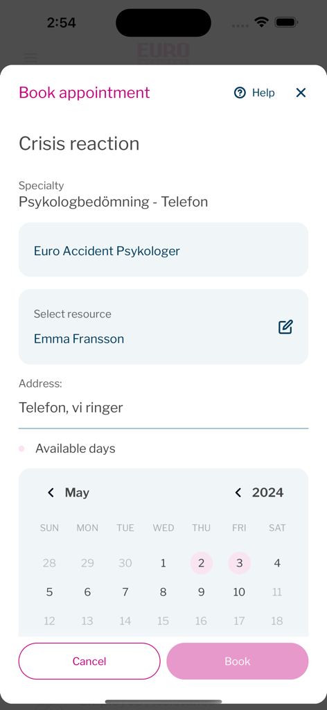 Euro Accident 2.0 - Booking a psychological assessment appointment on the Euro Accident app calendar