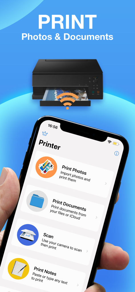 Smart Printer App-Oberfläche auf dem iPhone, die kabelloses Drucken und Scanfunktionen zeigt