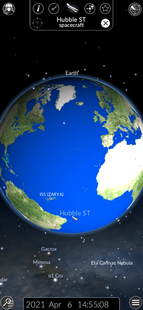 3D Earth view showing the locations of the Hubble Space Telescope and the International Space Station