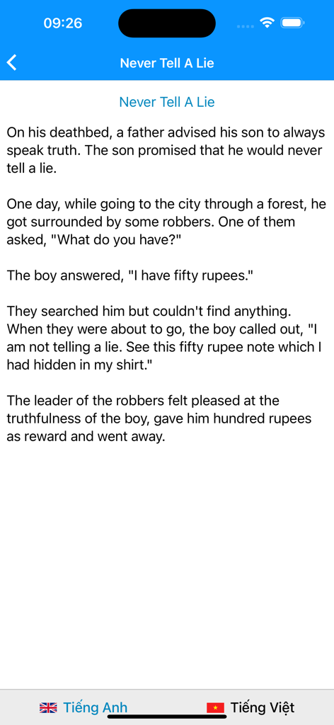 Học Tiếng Anh Cơ Bản - ベトナム語学習アプリのバイリンガル英語の短い物語「Never Tell A Lie」。