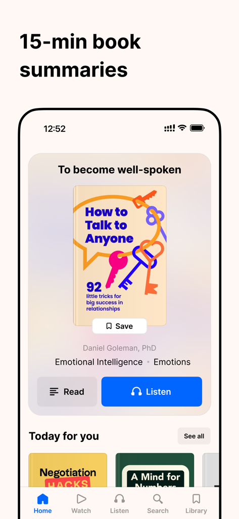 Headway - Daily Micro Learning - Headway app interface showing a 15 minute book summary for How to Talk to Anyone with read and listen options