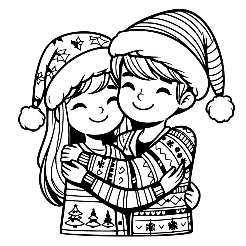 boy and girl hugging in christmas pajamas teens
