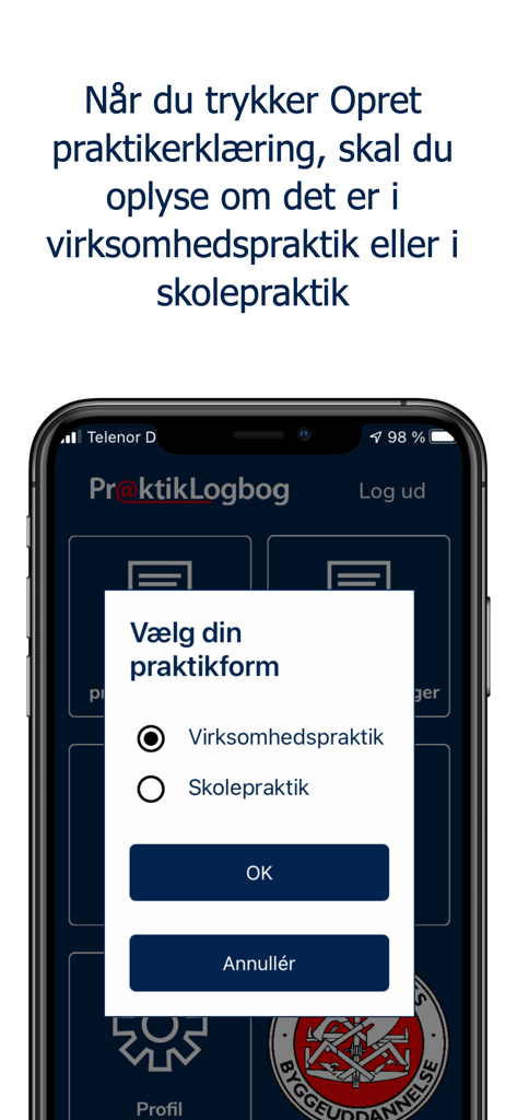 PraktikLogbog - PraktikLogbog app interface showing a menu to select between company and school-based internship types