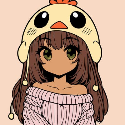 anime girl with chick shaped hat with sweater with bare shoulders with bangs covering them one eye with low tail