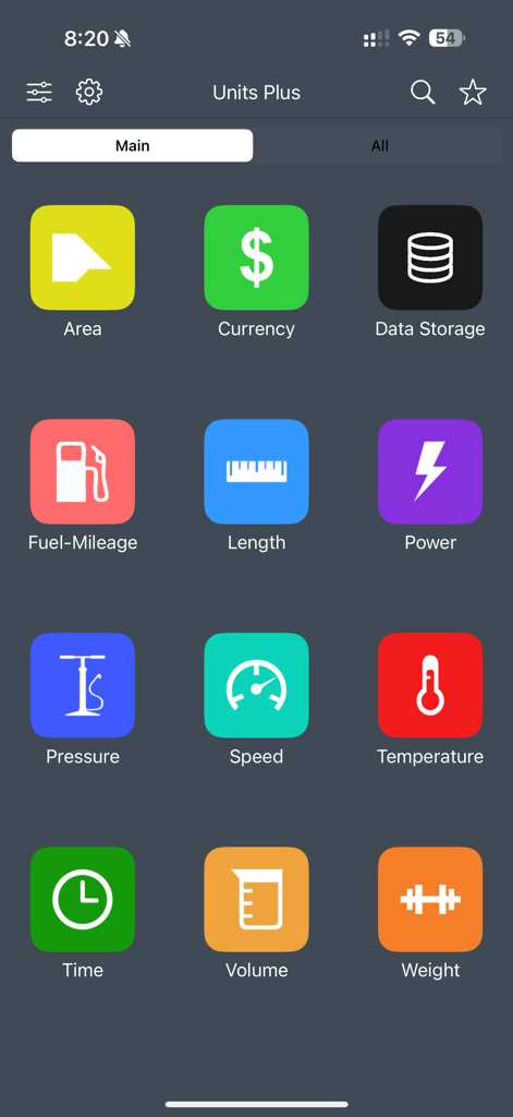 The main menu of the Unit Converter app showing colorful icons for various conversion categories like currency, length, and temperature