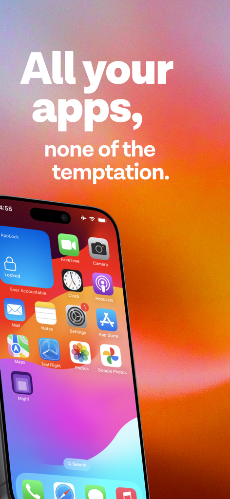 Ever Accountable - Full Safety - Smartphone screen highlighting digital accountability across all apps to reduce temptation