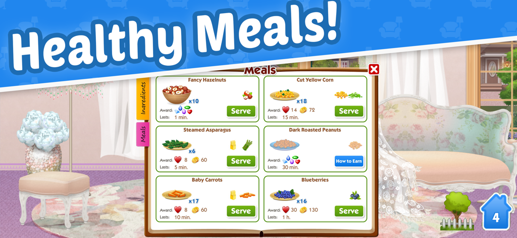 Pet Buddies - Cellphone - A menu showing healthy meal options for virtual pets in a cozy decorated room
