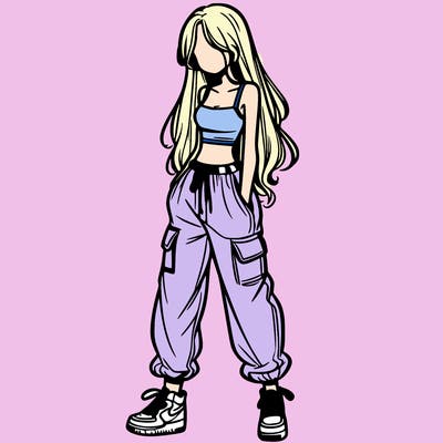 girl in baggy pants crop top and long hair