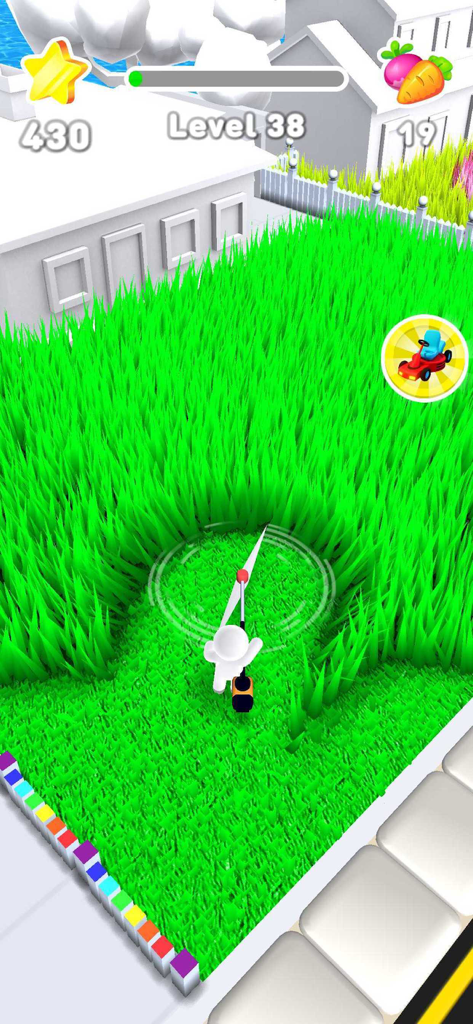 A character in Mow My Lawn cutting thick green grass in a suburban yard on level thirty eight