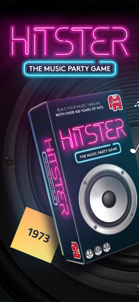HITSTER - Caja del juego de fiesta musical Hitster con diseño de altavoz y una carta de línea de tiempo de 1973