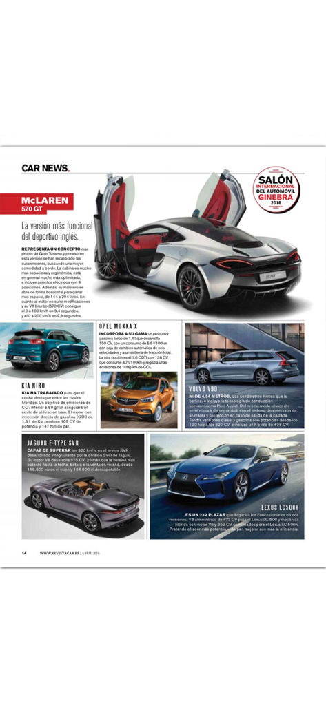 Car España-Revista - Una página digital de la revista Car España mostrando el McLaren 570 GT y las últimas noticias del Salón del Automóvil de Ginebra.