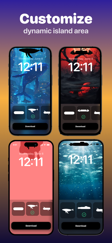 Dynamic Island機能と統合されたさまざまな芸術的な壁紙デザインを披露する4つのiPhoneロック画面