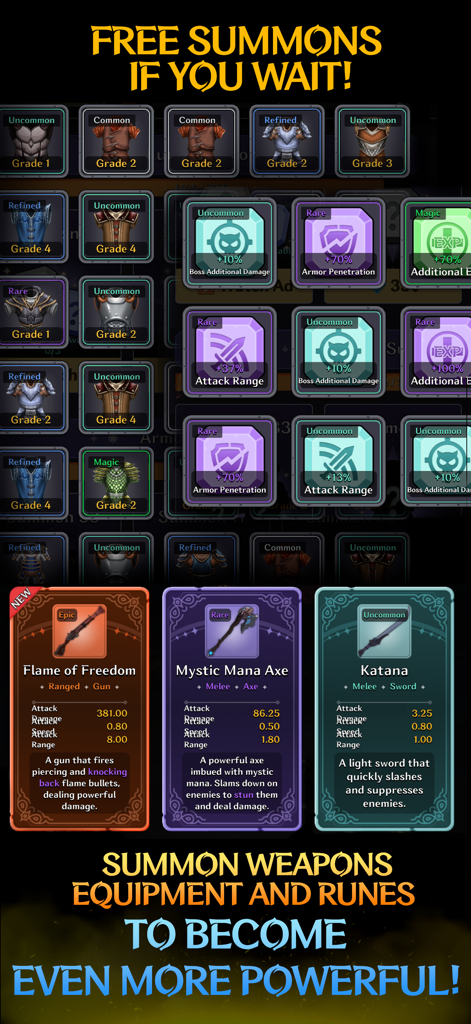 Interface do jogo Weapon Master Idle mostrando cartas de armas invocadas como a arma Flame of Freedom e vários runas e equipamentos.