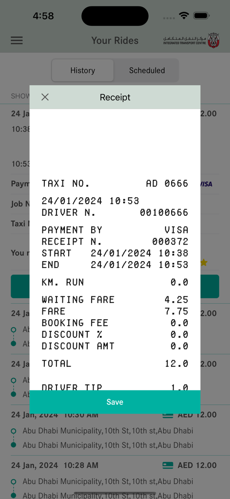 Abu Dhabi Taxi - A digital receipt from the Abu Dhabi Taxi app displaying fare breakdown, payment method, and driver details.