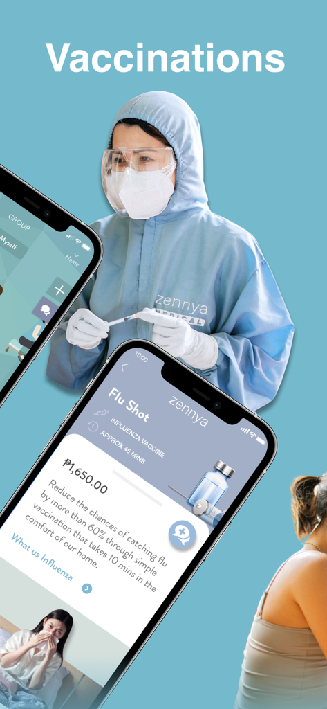 A healthcare professional in full PPE preparing a syringe for an at-home flu shot service booked via the zennya health app