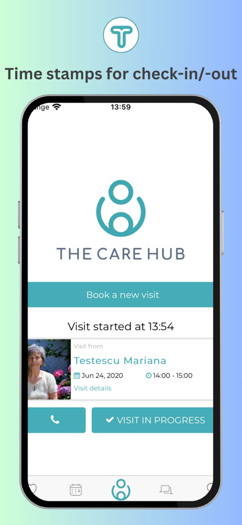 Tenderly Clients - Tenderly Clients app interface showing real-time caregiver check-in timestamps and visit status