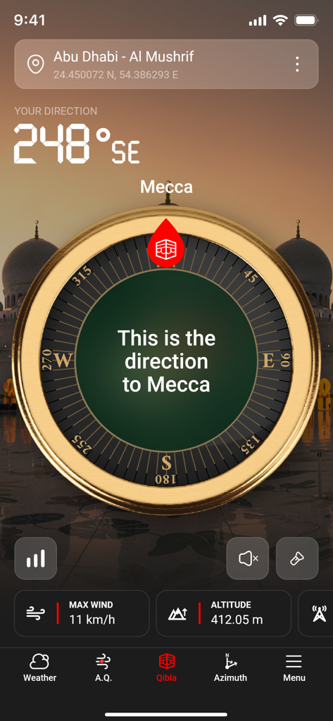 Mobile compass app showing Qibla mode for prayer direction to Mecca