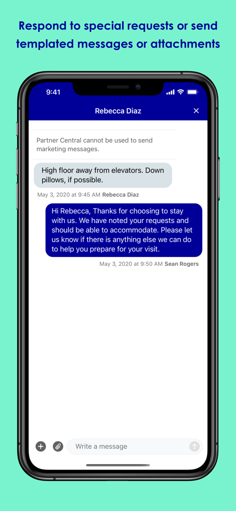 Expedia Group Partner Central - Mobile interface of Expedia Group Partner Central app showing a chat conversation with a guest regarding special room requests.
