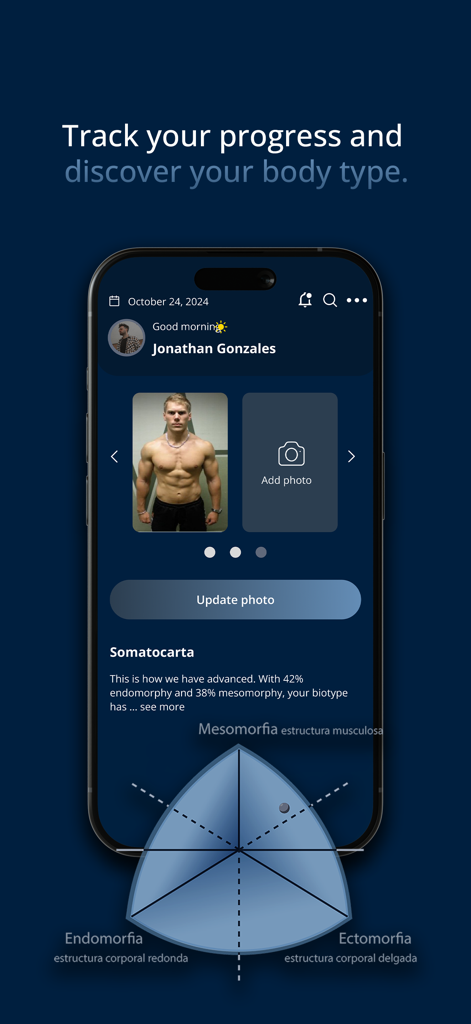 Now Me App En - Now Me App progress screen showing body type analysis and user photo tracking.