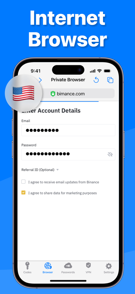 Authenticator · - Interfaz de la función de navegador de Internet privado en la aplicación Authenticator que muestra una pantalla de inicio de sesión segura.