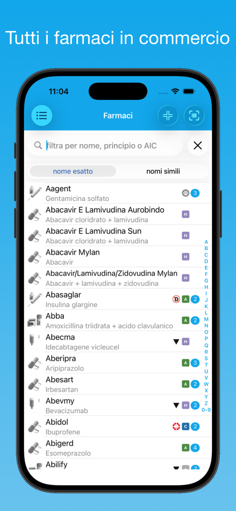 iFarmaci Premium - Pantalla de la aplicación iFarmaci Premium que muestra una lista de medicamentos italianos e ingredientes activos para buscar.