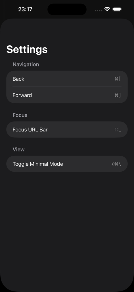 WebView Inspector - Settings menu of WebView Inspector app showing navigation and keyboard shortcuts.