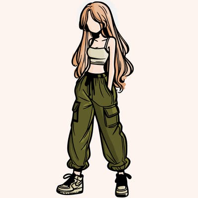 girl in baggy pants crop top and long hair