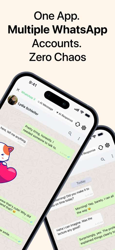 Messenger Business app interface showing multiple WhatsApp account management and AI messaging features on iPhone