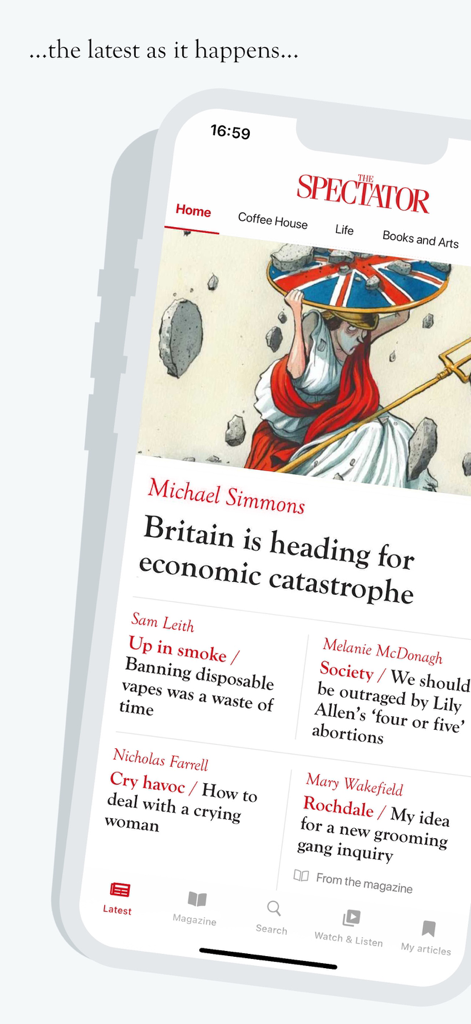 The Spectator Magazine - The Spectator Magazine app interface displaying political commentary and cultural articles