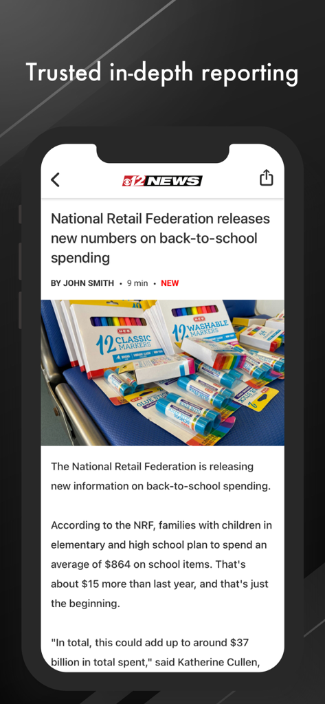 CBS12 News - Screenshot of the CBS12 News app showing an in depth news article about back to school spending trends