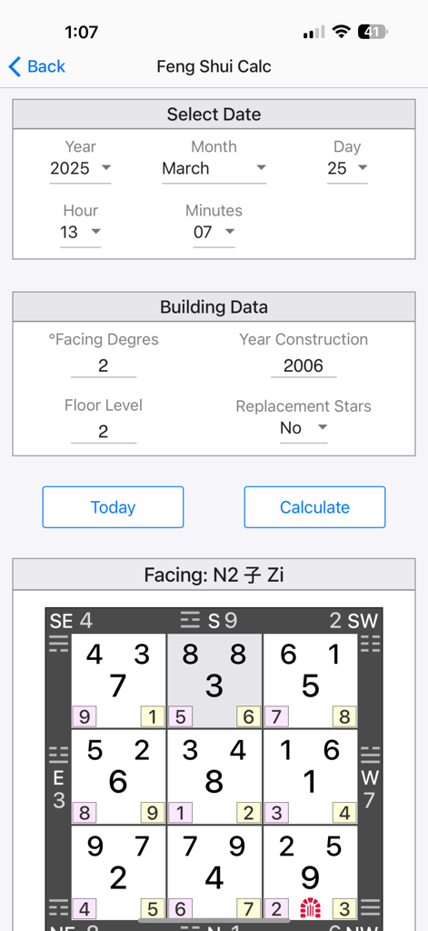 Feng Shui Calculator app interface displaying building data input fields and a Flying Star calculation grid