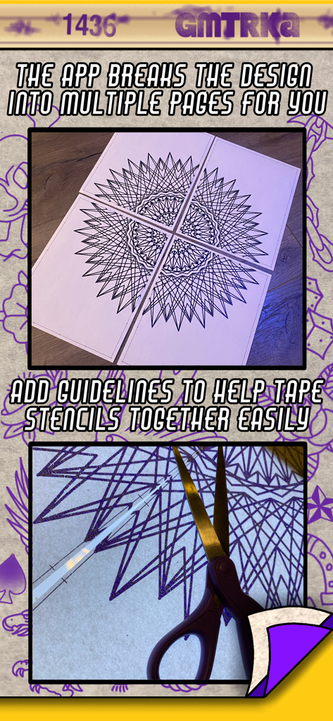 Diseño de tatuaje geométrico grande impreso en cuatro páginas con guías de alineación para el montaje del stencil.