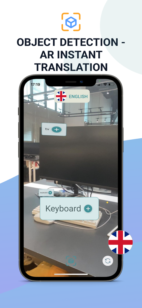 Nice Translate - Translator - Nice Translate app showing AR object detection and translation of a keyboard and monitor on a desk