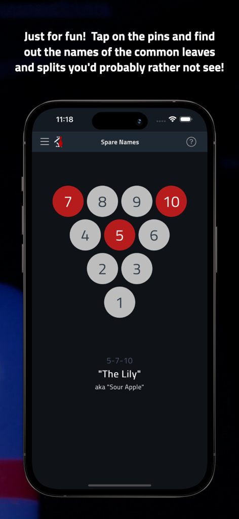 Tenpin Toolkit: Bowling Tools - A mobile app screen showing names for common bowling pin splits like The Lily.