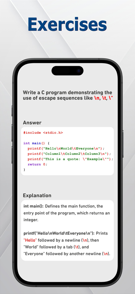 C, C++, C# Quiz - A mobile screen showing a C programming exercise on escape sequences with code snippets and detailed explanations.