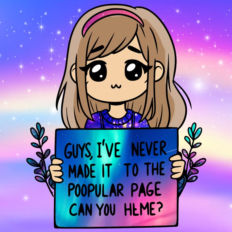 a girl holding up a sign that says, guys, i’ve never made it to the popular page, can you help me?