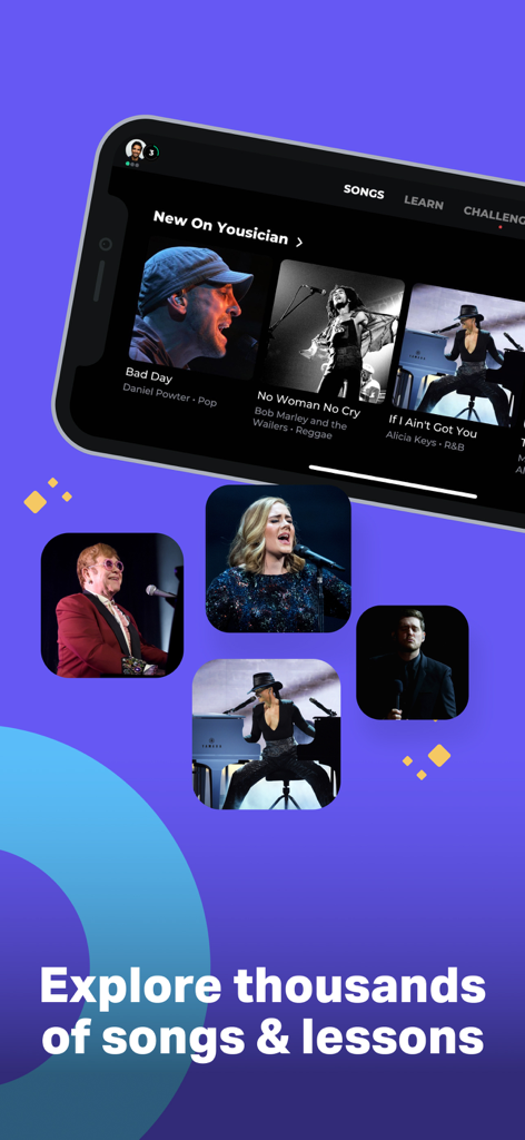 Piano by Yousician - Piano by Yousician app screen showing a library of popular songs and artists for interactive piano lessons.