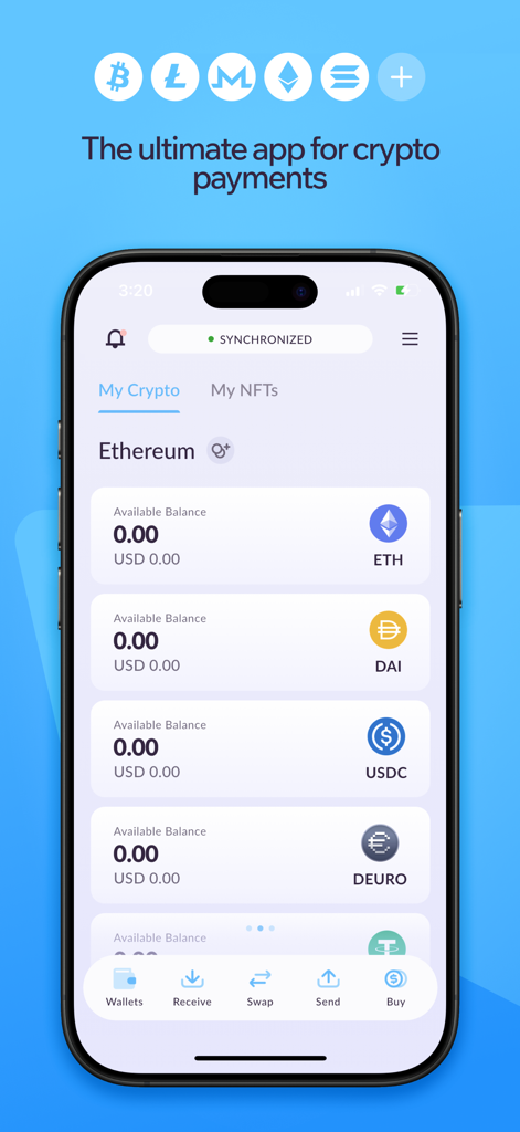 Interface de l'application mobile Cake Wallet montrant les soldes de cryptos et les options de paiement