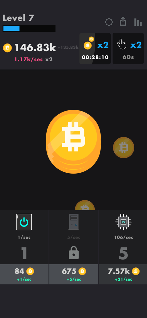 Gameplay screen of Bitcoin by Ketchapp showing the tapping interface and mining upgrades