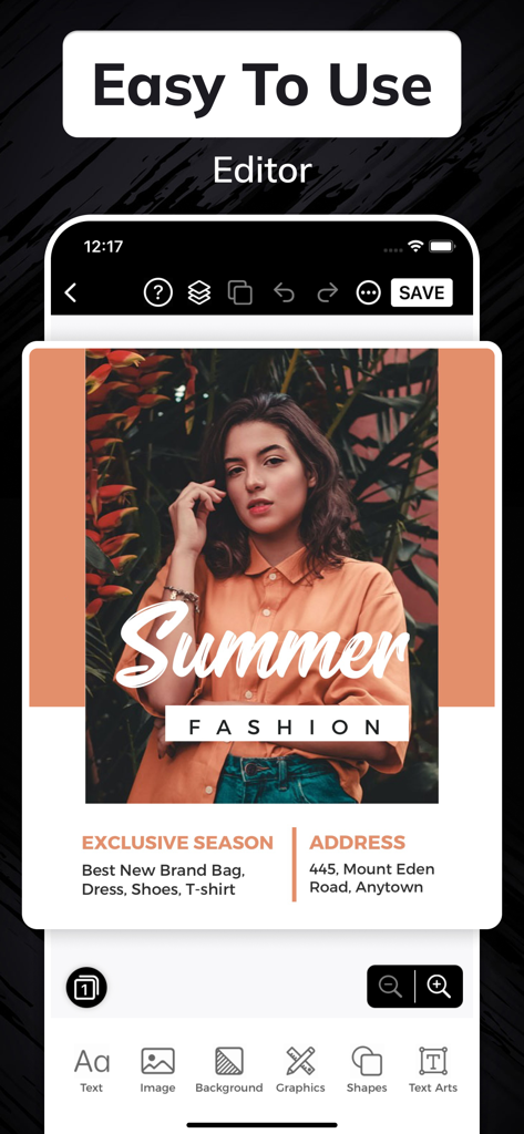 Ecrã da aplicação Criador de Panfletos mostrando um editor fácil de usar com um template de panfleto de moda de verão.