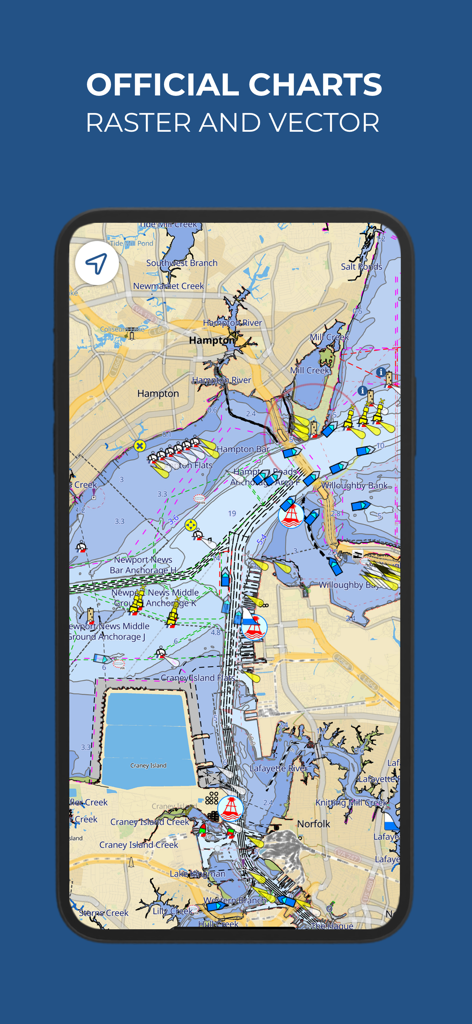 Aqua Map Boating app showing official raster and vector nautical charts with boat positions and maritime navigation data