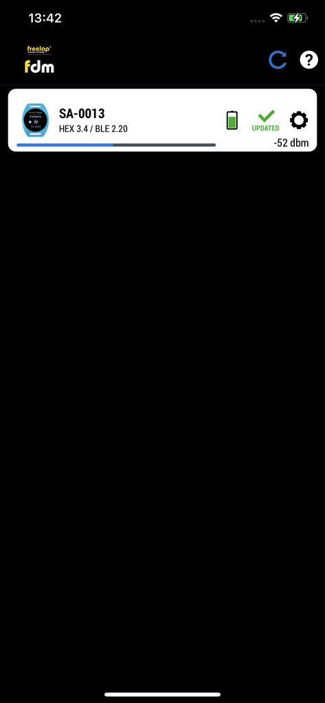 FDM - Interface of the FDM app showing a connected Freelap device with status and battery information