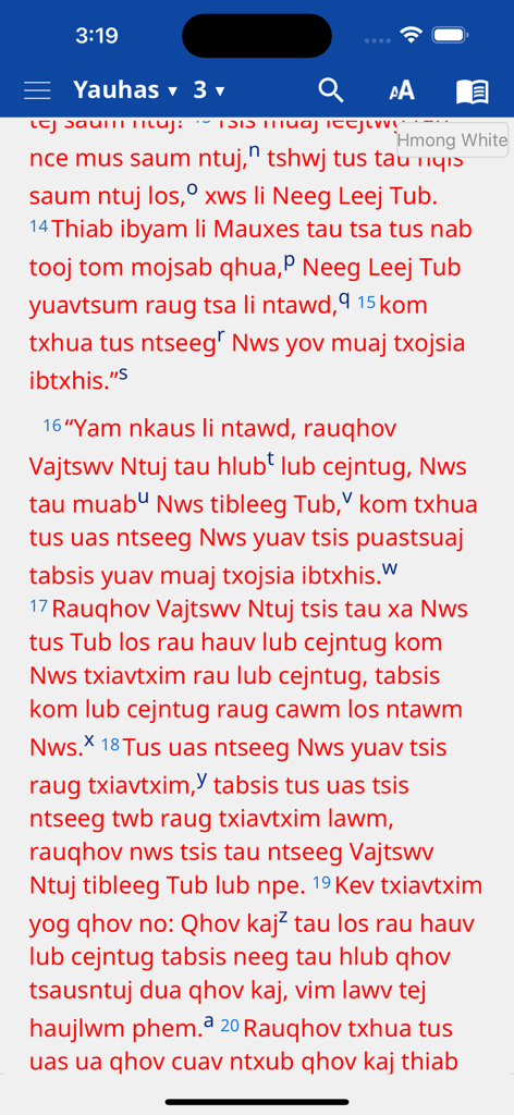 Hmong Bible - Application Bible Hmong affichant des écritures dans le dialecte Hmong Blanc