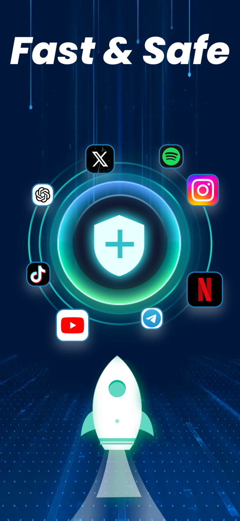 A graphic showing the Go VPN app logo as a shield surrounded by popular social media and streaming app icons like Netflix, TikTok, and YouTube with a rocket launching at the bottom.
