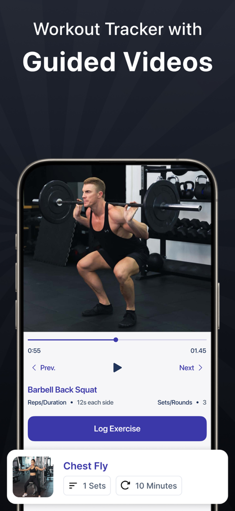 MyFitnessCoach-AI Fitness Diet - Smartphone screen showing the MyFitnessCoach app with a guided workout video for a barbell back squat.