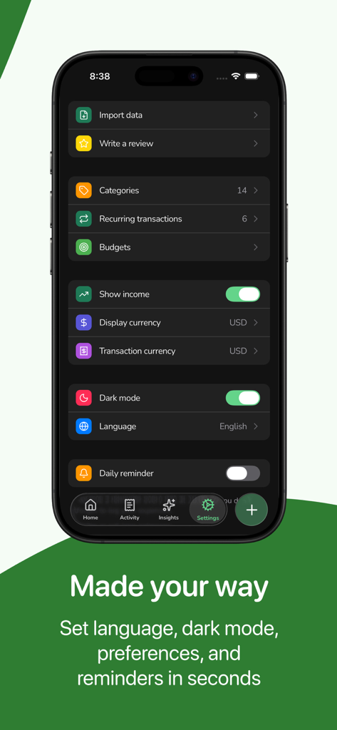 Kesef: Expense Tracker - A interface de configurações do aplicativo Kesef Expense Tracker mostrando opções para modo escuro, idioma, moeda e lembretes.
