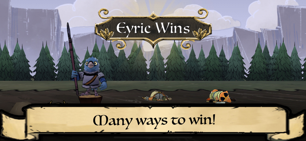 Root Board Game - Écran de victoire pour la faction Eyrie dans le Jeu de Société Root montrant un guerrier oiseau bleu et le texte "De nombreuses façons de gagner".